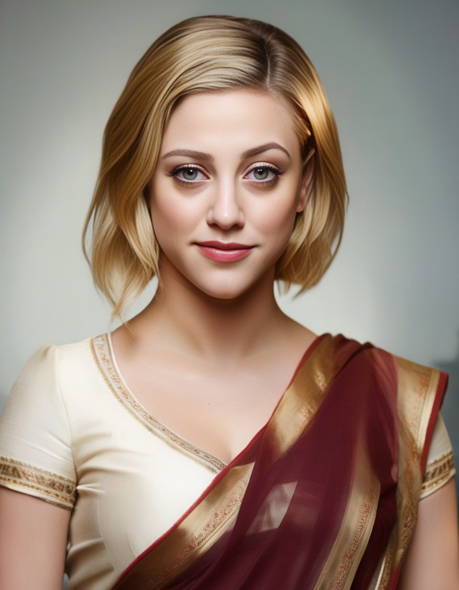 LiliReinhart,<lora:LiliReinhartSDXL:1>,woman wearing saree, background blur, portrait, sharp, detailed, uhd, realistic, masterpiece