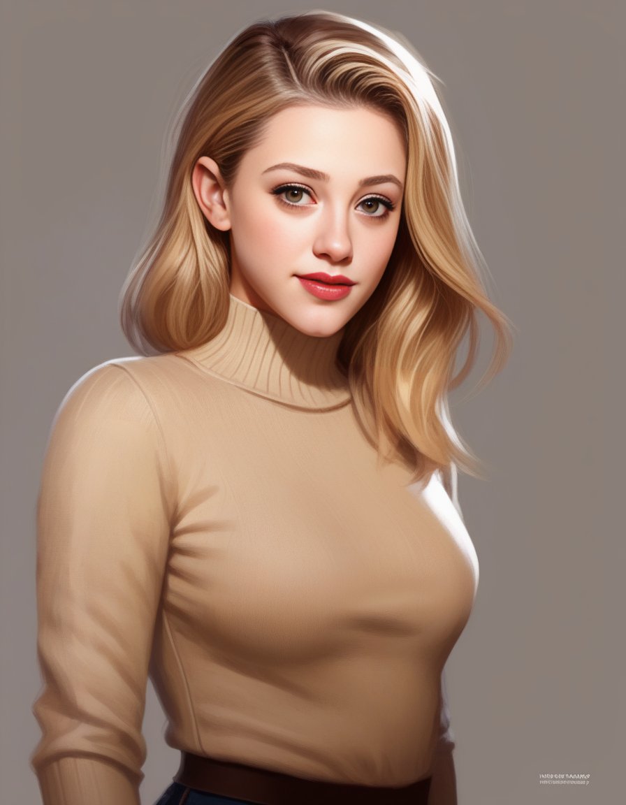 LiliReinhart,<lora:LiliReinhartSDXL:1>young Disney socialite wearing a beige miniskirt, dark brown turtleneck sweater, small neckless, cute-fine-face, anime. illustration, realistic shaded perfect face, brown hair, grey eyes, fine details, realistic shaded lighting by ilya kuvshinov giuseppe dangelico pino and michael garmash and rob rey, iamag premiere, wlop matte print, 4k resolution, a masterpiece