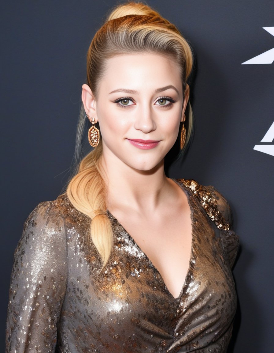 LiliReinhart,<lora:LiliReinhartSDXL:1>The image features a beautiful woman wearing a dark grey sequin dress, which is adorned with bronze sequins. She is posing for the camera, with her hand on her chin, lipstick, and her long hair is styled in a ponytail. The woman appears to be confident and poised, showcasing her elegant attire and striking appearance.