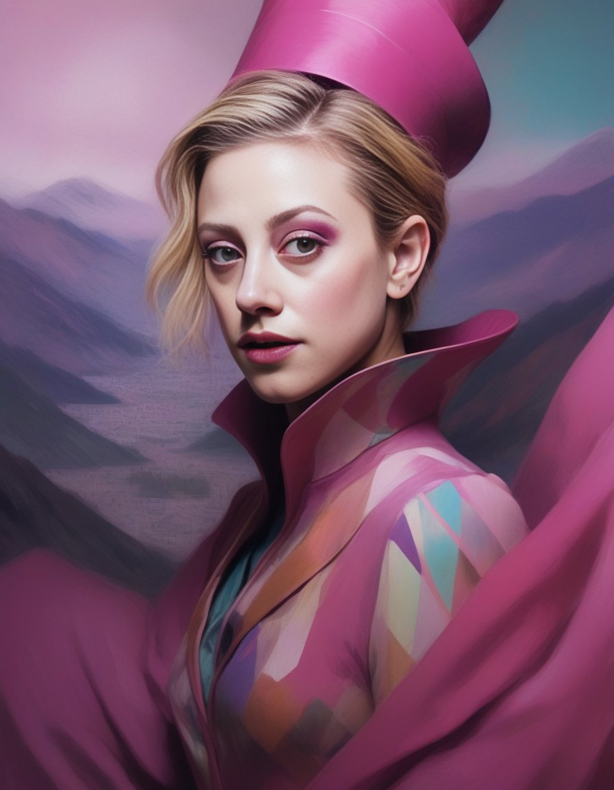 LiliReinhart, portrait,close up of a Avant-Garde flyweight Woman, infused with ethereal color Court jester, wearing Wizard outfit, dense mountains, Hazy conditions, Surprising, Ceramic, Dada Art, Magenta hue, (art by Shigenori Soejima:0.8) , <lora:LiliReinhartSDXL:1>