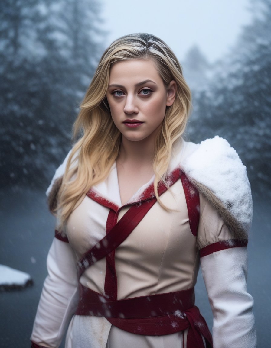 LiliReinhart,<lora:LiliReinhartSDXL:1> photograph, Compelling athletic Female cosplaying as Freyja, Snowing, Iphone X, Low shutter