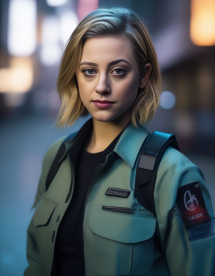 LiliReinhart,<lora:LiliReinhartSDXL:1> (8k, RAW photo, best quality, masterpiece:1.2), (realistic, photo-realistic:1.37), ultra highres, depth of field, chromatic aberration, caustics, Broad lighting, natural shading,Fujifilm XT3,ultra detailed,cyberpunk uniform,1girl, solo,standing, looking at viewer, outdoors,street