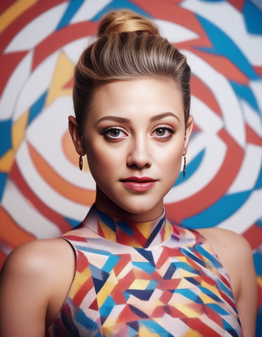 LiliReinhart,<lora:LiliReinhartSDXL:1>, cinematic photo (full-body:1.85) A futuristic portrait of a beautiful young woman on a simple paper studio background with a strong colourful intricate circular geometrical pattern, geometrical makeup, (highly detailed skin texture:1.6), pores, high contrast . 35mm photograph, film, bokeh, professional, 4k, highly detailed