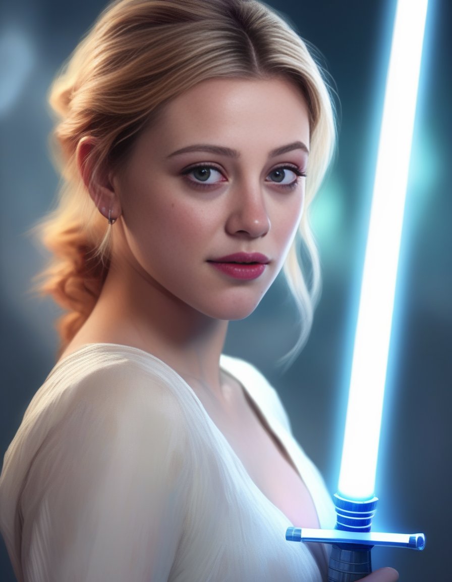 LiliReinhart,<lora:LiliReinhartSDXL:1>,portrait,female, beautiful face and flawless skin!, perfect nose!! intricate elegant highly detailed digital painting artstation concept matte sharp focus illustration by Ruan Jia on ArtStation HD. W- 1024 n9x 35mm T3d"s glass oc commission photorealistic portrait cinematic action shot of a young woman with red hair in style anime movie character from the future standing at an alien planet background | drawn as if wearing white braided skirt holding blue lightsaber 4k detail hyperreal symmetrical full body well proportionate realistic high resolution quality 8K pastel colours soft lighting cute freckles + blonde short