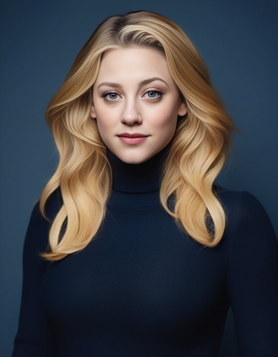 LiliReinhart,<lora:LiliReinhartSDXL:1>A portrait of a confident young woman with flowing golden hair and striking features. She's wearing a form-fitting navy turtleneck that accentuates her silhouette, paired with classic blue jeans. Her posture is poised and graceful, with one hand gently resting on her hip. The soft lighting highlights her facial structure and the smooth texture of her hair, creating an image that's both vibrant and stylish.