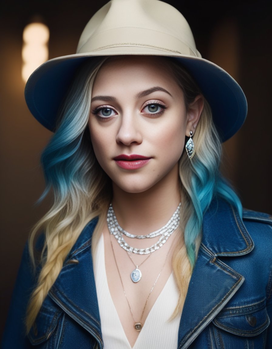 LiliReinhart,<lora:LiliReinhartSDXL:1>,Realistic photo of a beautiful woman, 1girl, solo, long hair, hat, jewelry, blue hair, jacket, multicolored hair, necklace, bracelet, lips, realistic, fashion, soft lighting, professional Photography, Photorealistic, detailed, RAW, analog, sharp focus, 8k, HD, DSLR, high quality, Fujifilm XT3, film grain, award winning, masterpiece