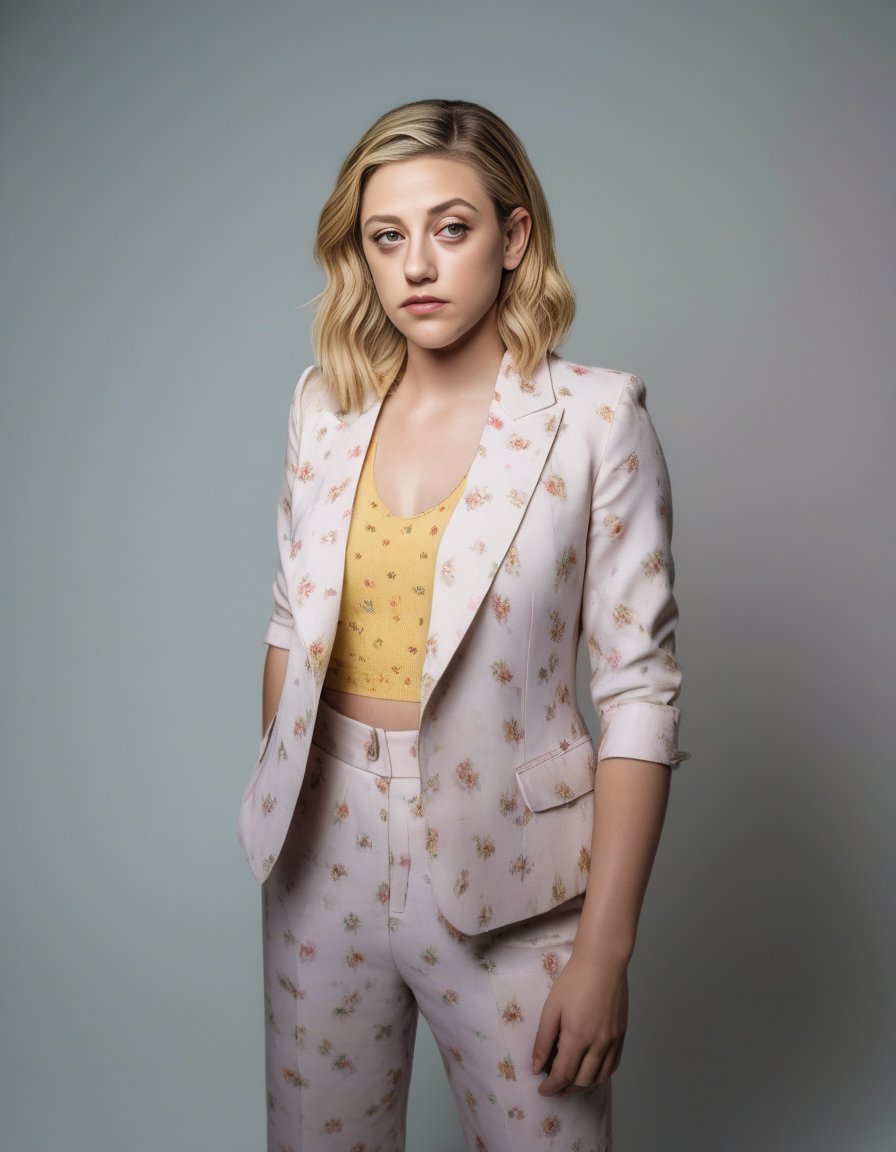 LiliReinhart, photograph, [Epic|Grumpy] Loving short Girl, wearing summer suit, Disgusting, Pixiecore, spotlight, Canon eos 5d mark 4, Circular polarizer, High quality, <lora:LiliReinhartSDXL:1>