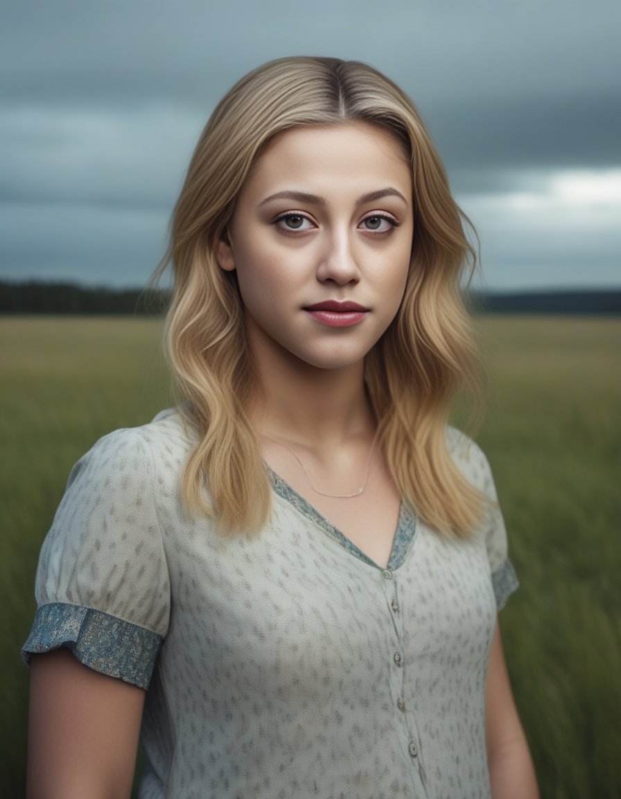 LiliReinhart,<lora:LiliReinhartSDXL:1>Portrait of a young beautiful Norwegian girl on a field, overcast with natural illumination, outdoors, highly detailed, realistic textures