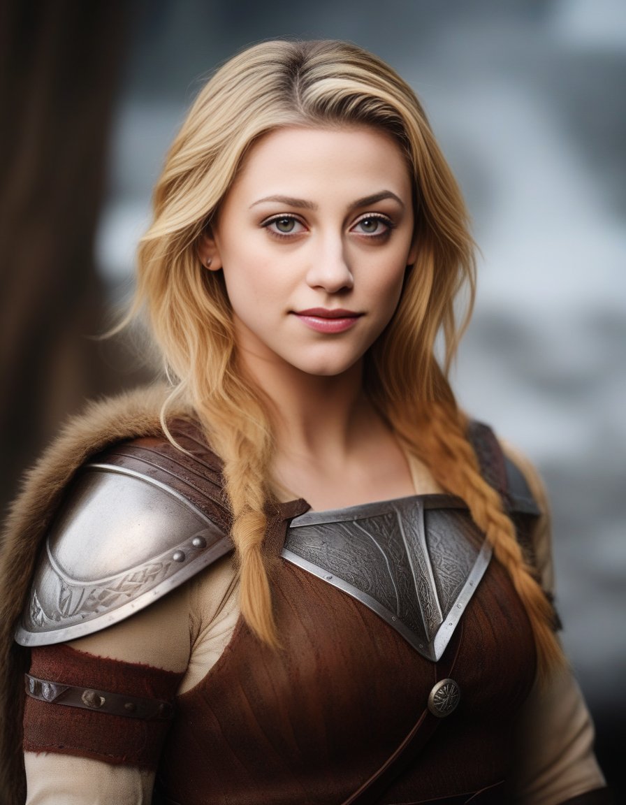 LiliReinhart,<lora:LiliReinhartSDXL:1>,photo of a gorgeous woman), (professional photography), (scenic background), ((as a viking warrior woman)), ((close-up)), masterpiece, best quality, (eye contact), (looking at the viewer), centred, (shot from front), blurred_background, proportional