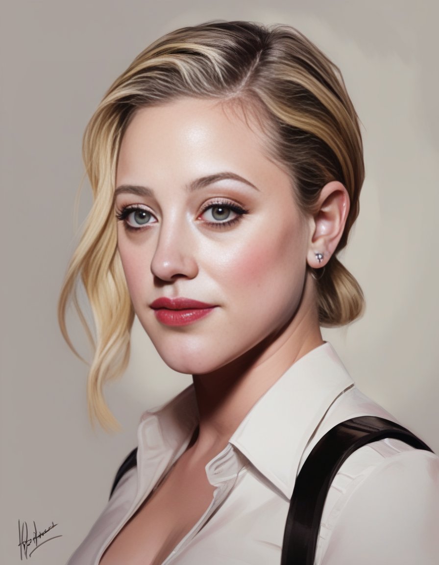 LiliReinhart, (art by Kubisi Art:0.7) , (art by Tom McGuinness:0.9) , [portrait,close up of a Scandinavian Girl, Directing a TV show, Masculine Pose, Vile hair styled as Chignon, Hopeful, L USM::8], <lora:LiliReinhartSDXL:1>