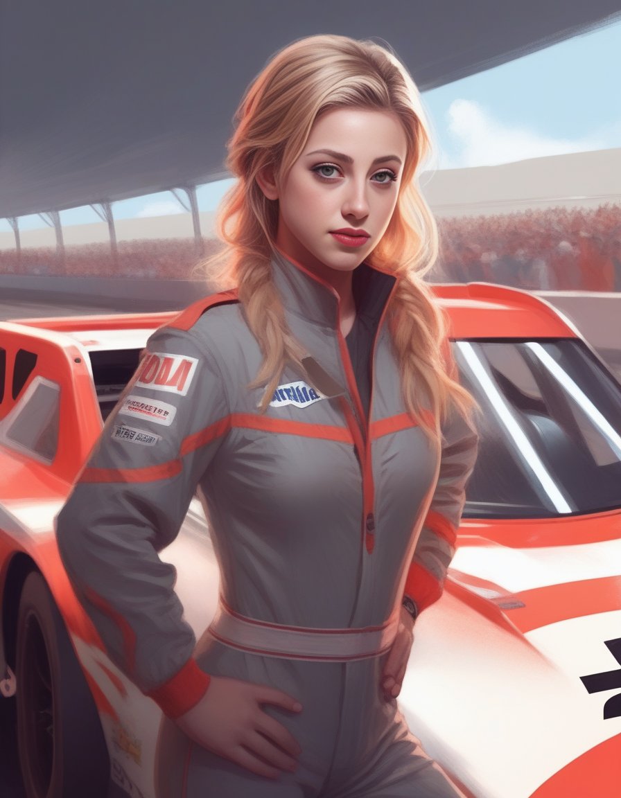 LiliReinhart,<lora:LiliReinhartSDXL:1> perfect anime illustration, 1girl, braided hair, medium hair, medium breasts, sidehair, racecar driver, ((firesuit, race track, car)), nascar, f1, indycar, (outdoors, speedway, track), standing next to a racing vehicle, hand on hip, good posture, looking at viewer. created by Artgerm, volumetric lighting, 8k, hdr, holga, 300mm lens f3. 5, aesthetic, unsharpened