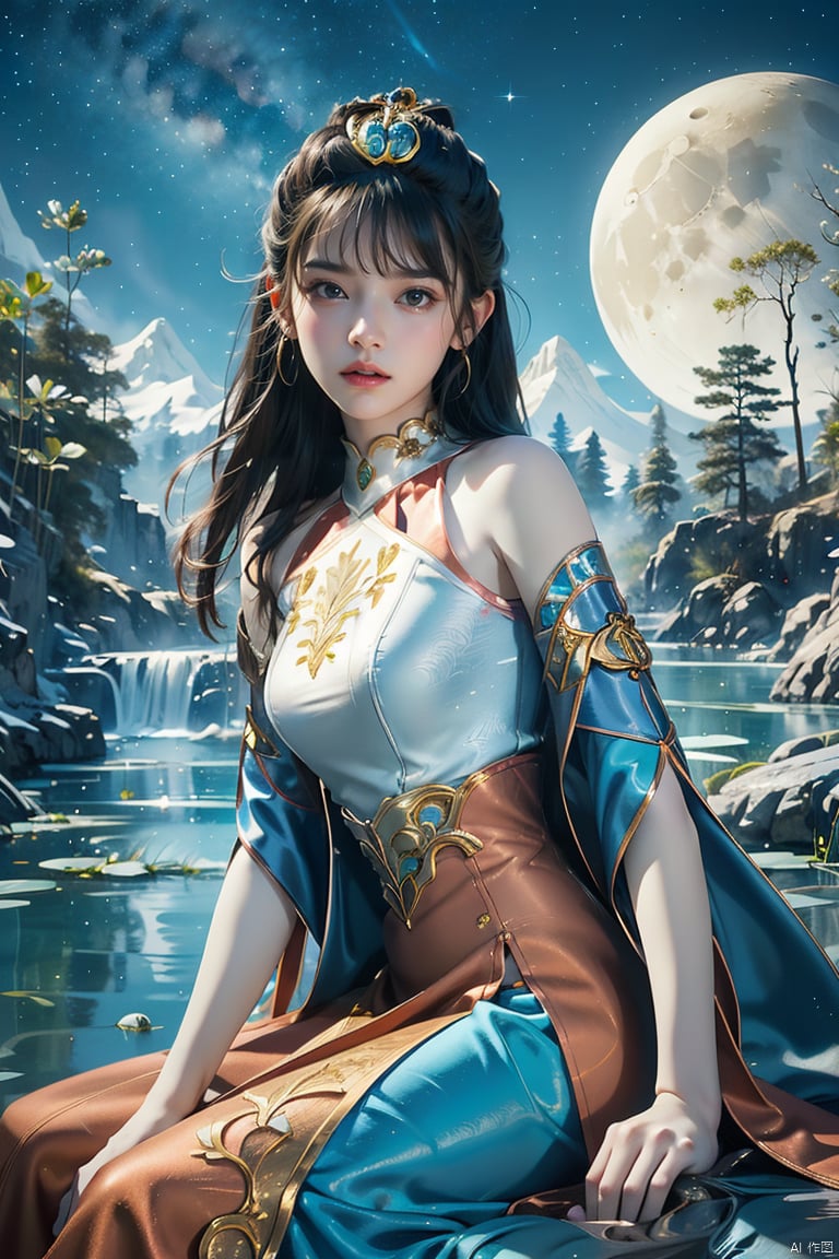 masterpiece,best quality,official art,extremely detailed CG unity 8k wallpaper,realistic,light rays,light particles,1girl,earrings,solo,jewelry,black_hair,long_hair,upper_body,blue_eyes,blue_ribbon,armlet,breasts,blue theme,starry background,scenery,starry sky,night,reflection,night sky,outdoors,milkway,cistern,(lotus:1.2),lake water,moon,long_hair,earrings,hair_ornament,dynamic pose,looking at viewer,cowboy shot,sitting,mountain, Light master