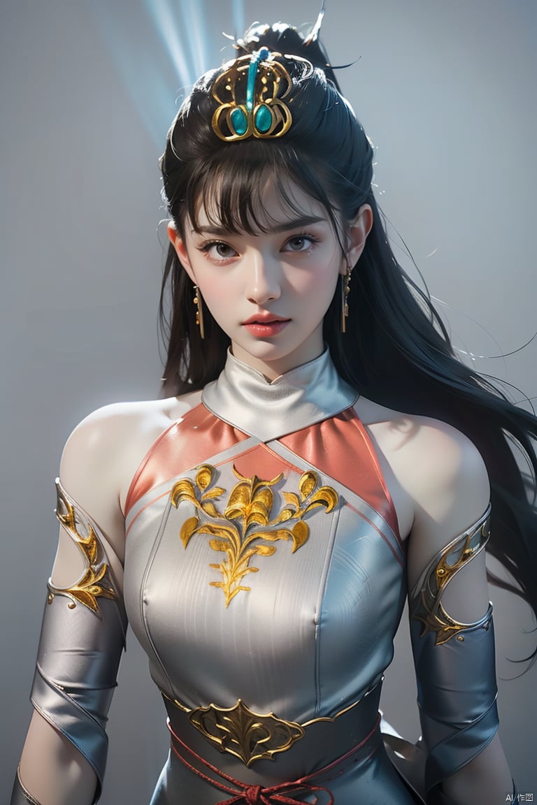 masterpiece,best quality,official art,extremely detailed CG unity 8k wallpaper,realistic,light rays,light particles,1girl,earrings,solo,jewelry,black_hair,long_hair,upper_body,blue_eyes,blue_ribbon,armlet,breasts,simple background,solid color background,(grey_background:1.2),shadow,long_hair,earrings,hair_ornament,dynamic pose,looking at viewer,cowboy shot,sitting,mountain, Light master