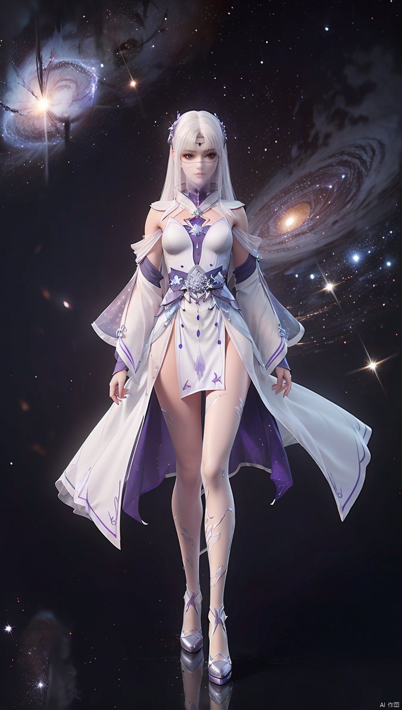  1girl,fullbody,white dress,white hair,(hyper_galaxy:1.4),purple tone,