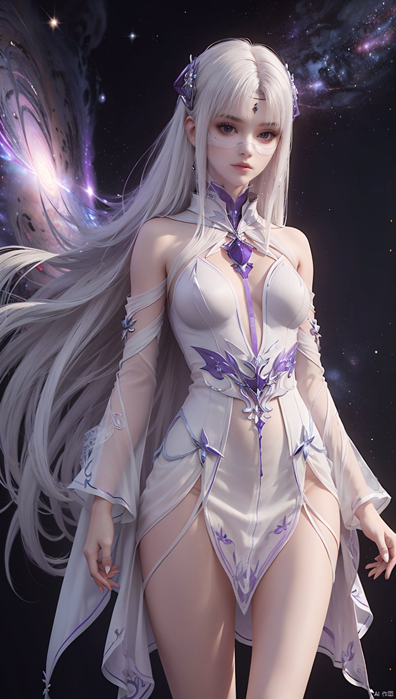 1 girl, panoramic, appearing above thighs, white dress, white hair, (hyper_galaxy: 1.4), purple tone, (completely naked: 1.4)