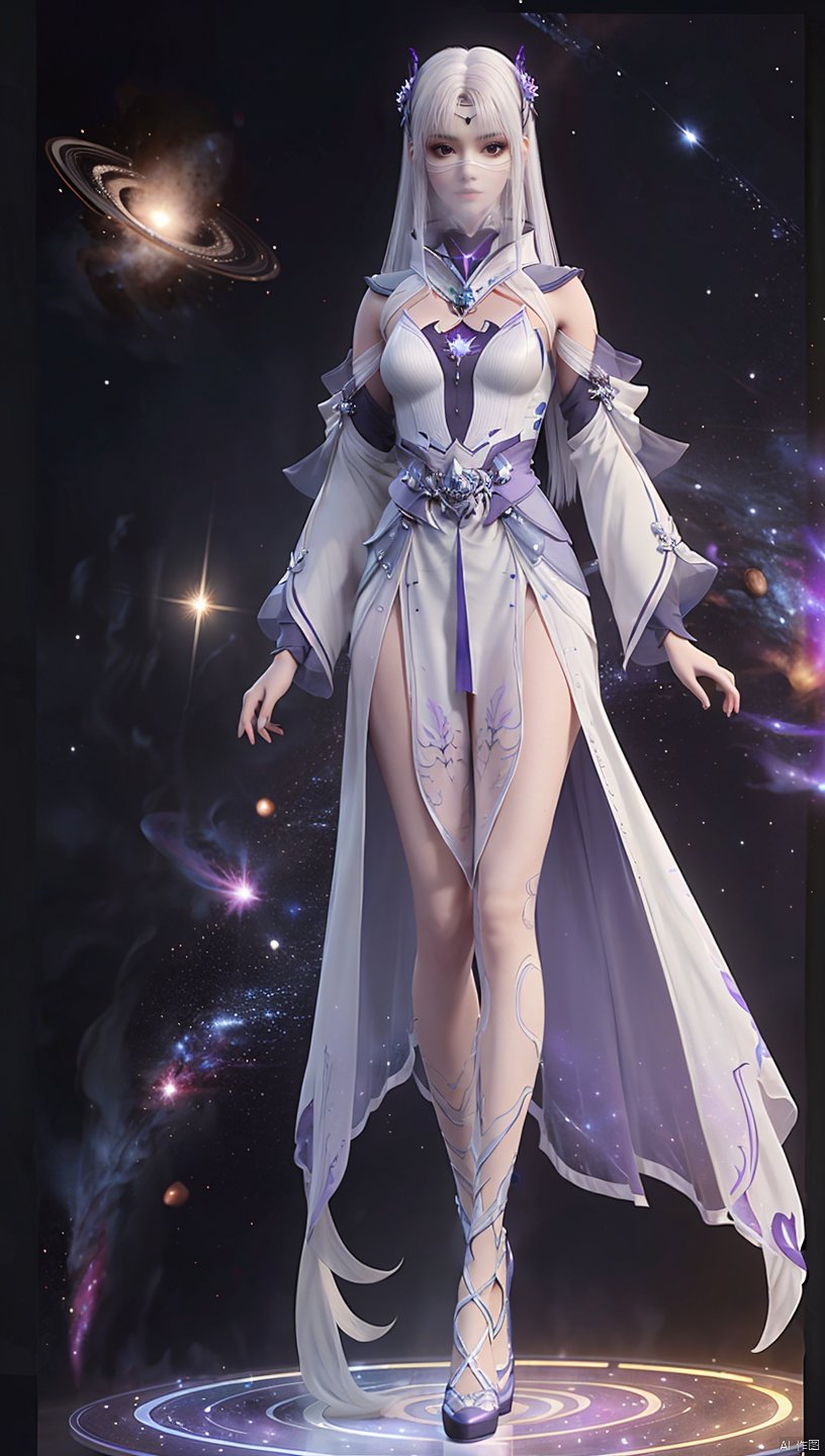  1girl,fullbody,white dress,white hair,(hyper_galaxy:1.4),purple tone,