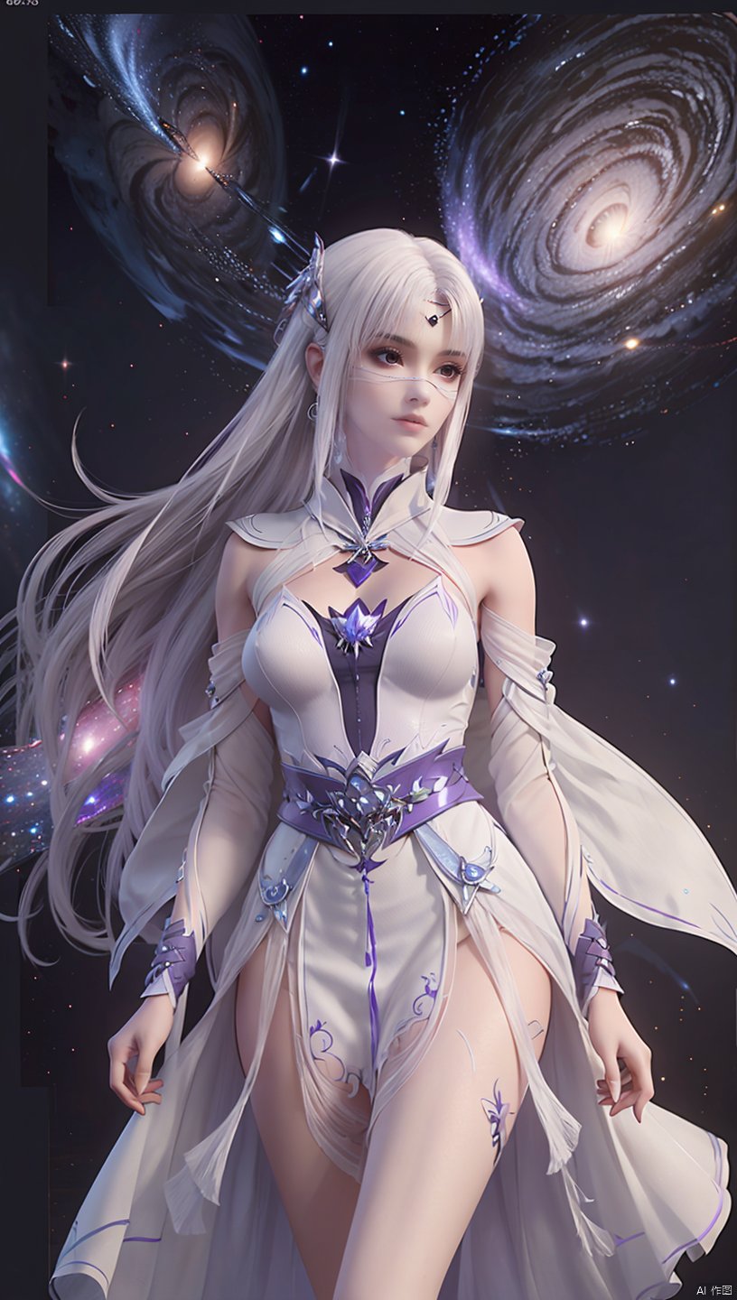 1 girl, panoramic, appearing above thighs, white dress, white hair, (hyper_galaxy: 1.4), purple tone, (completely naked: 1.4)