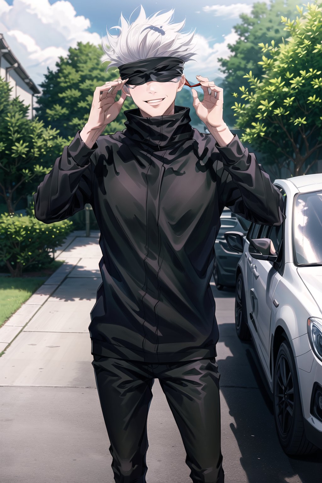 masterpiece,highres,high quality,extremely detailed,solo,outdoors, ,smile, SatoruGojo,1man, (blindfold:1.4),white hair,spiked hair, black jacket,popped collar, pants, loafers, stylish_pose,test
