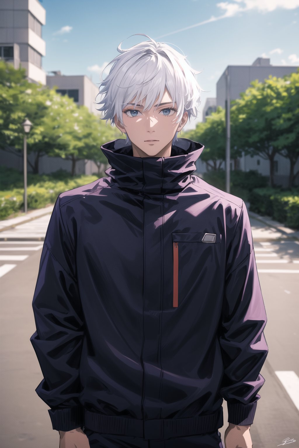 masterpiece,highres,high quality,extremely detailed,solo,outdoors, looking at viewer, SatoruGojo,1man, black jacket,popped collar,gojo satoru, white hair