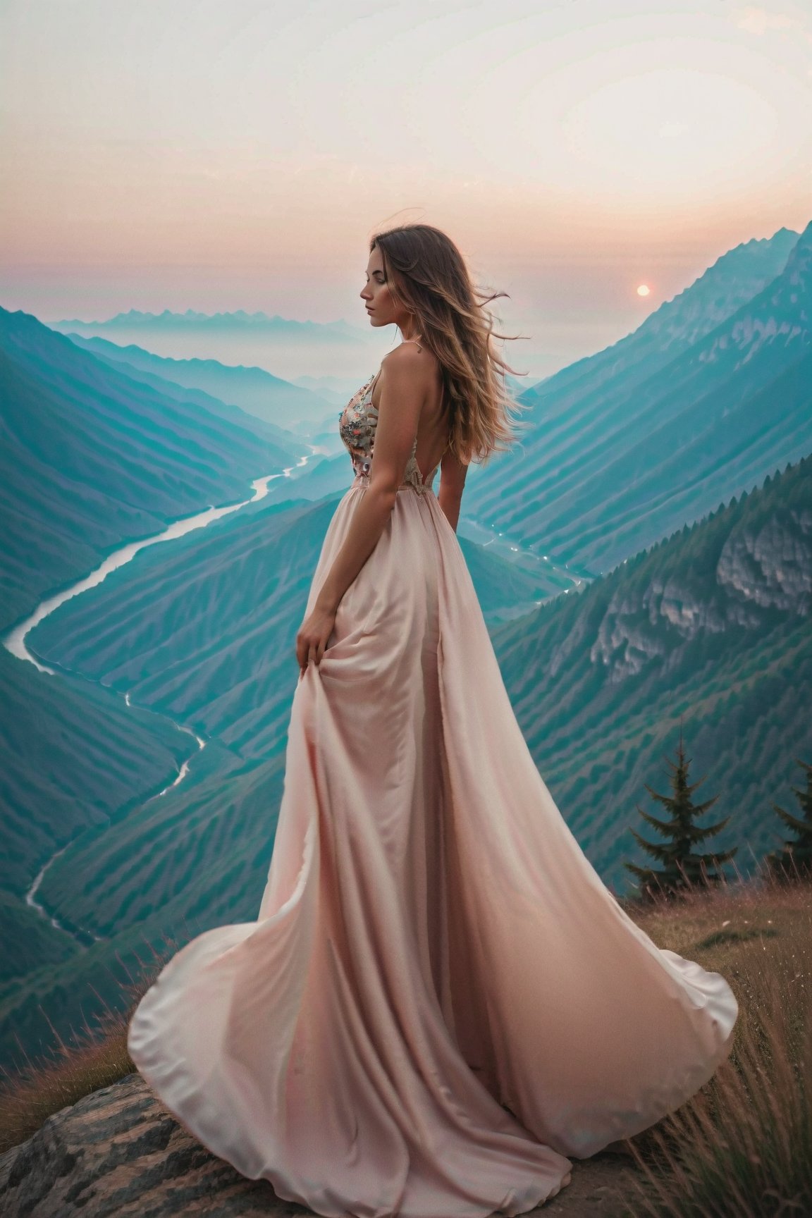 silhouette portrait of a woman, flowing hair, standing alone on a mountain, wearing a beautiful long flowing dress, watching the sunset, taken from behind, mystical magical fantasy enchanted ethereal, cinematic shot, cinematic scene, stunning, breathtaking, a sense of magic in the air, magical fantasy, diffused lighting
