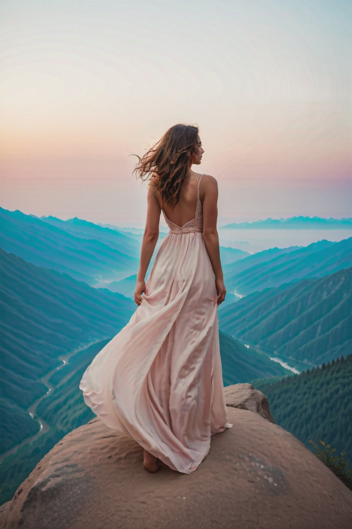 silhouette portrait of a woman, flowing hair, standing alone on a mountain, wearing a beautiful long flowing dress, watching the sunset, taken from behind, mystical magical fantasy enchanted ethereal, cinematic shot, cinematic scene, stunning, breathtaking, a sense of magic in the air, magical fantasy, diffused lighting
