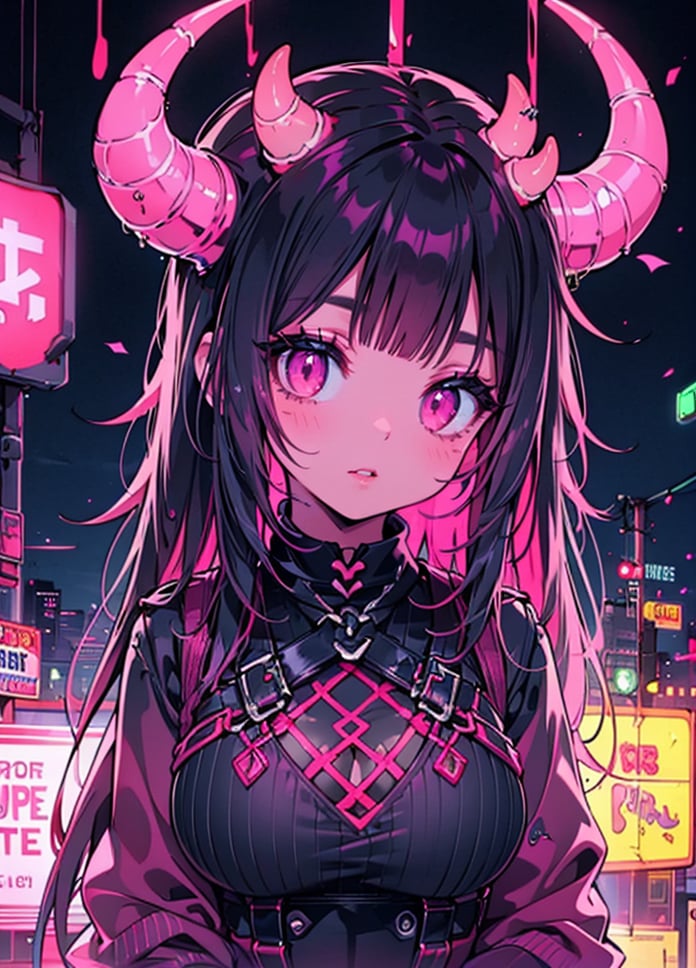 1girl, solo, long hair, breasts, looking at viewer, black hair, jewelry, upper body, pink hair, parted lips, horns, choker, pink eyes, colored skin, demon girl, black background, demon horns, neon light, sweater, 