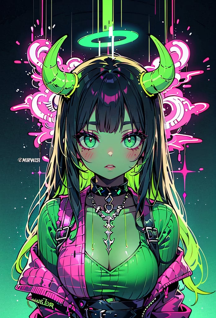1girl, solo, long hair, breasts, looking at viewer, black hair, jewelry, upper body, green hair, parted lips, horns, choker, green eyes, colored skin, demon girl, black background, demon horns, neon light, sweater,  green theme, 