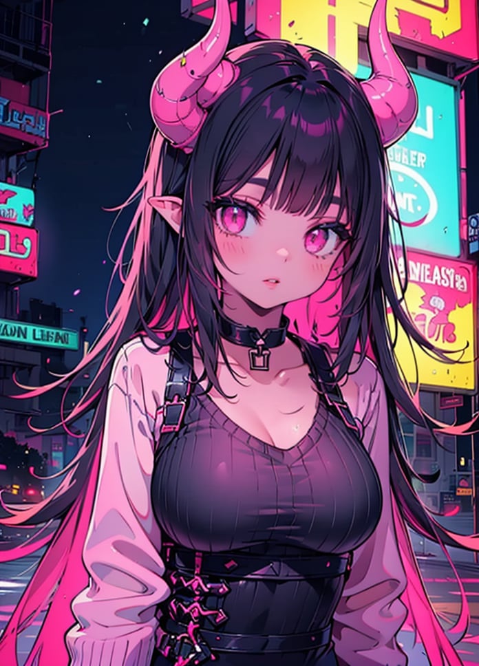 1girl, solo, long hair, breasts, looking at viewer, black hair, jewelry, upper body, pink hair, parted lips, horns, choker, pink eyes, colored skin, demon girl, black background, demon horns ,highres, neon light, sweater, 