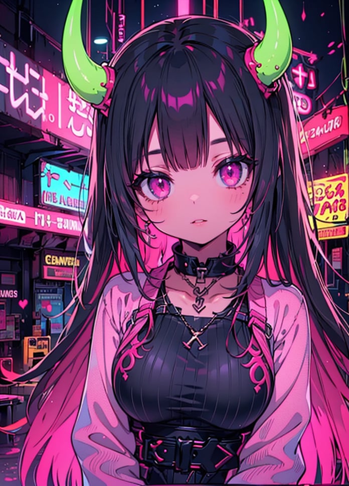 1girl, solo, long hair, breasts, looking at viewer, black hair, jewelry, upper body, pink hair, parted lips, horns, choker, pink eyes, colored skin, demon girl, black background, demon horns, neon light, sweater, 