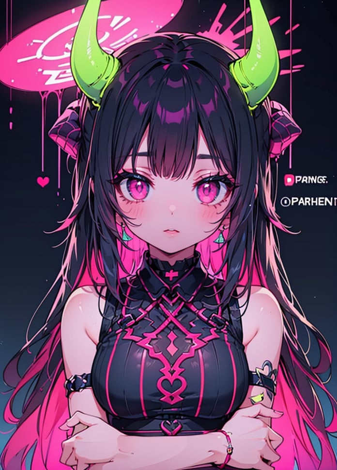 1girl, solo, long hair, breasts, looking at viewer, black hair, jewelry, upper body, pink hair, parted lips, horns, choker, pink eyes, colored skin, demon girl, black background, demon horns ,highres, neon light, sweater, 