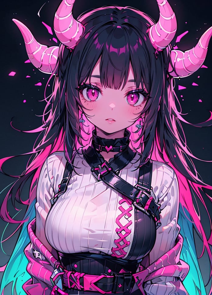 1girl, solo, long hair, breasts, looking at viewer, black hair, jewelry, upper body, pink hair, parted lips, horns, choker, pink eyes, colored skin, demon girl, black background, demon horns ,highres, neon light, sweater, 