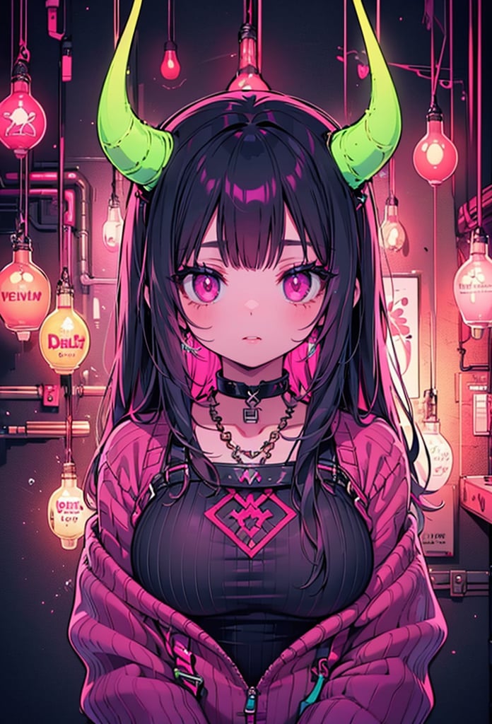 1girl, solo, long hair, breasts, looking at viewer, black hair, jewelry, upper body, pink hair, parted lips, horns, choker, pink eyes, colored skin, demon girl, black background, demon horns, neon light, sweater, 