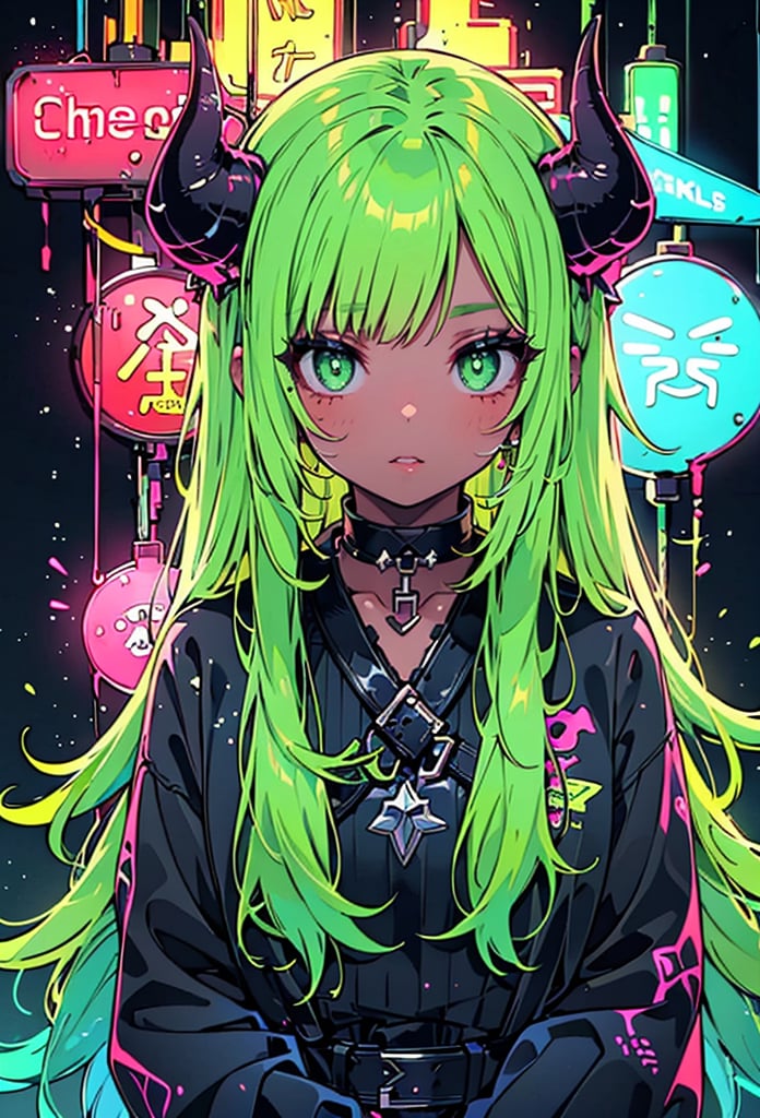 1girl, solo, long hair, looking at viewer, jewelry, upper body, green hair, parted lips, horns, choker, green eyes, colored skin, demon girl, black background, demon horns, neon light, sweater,  