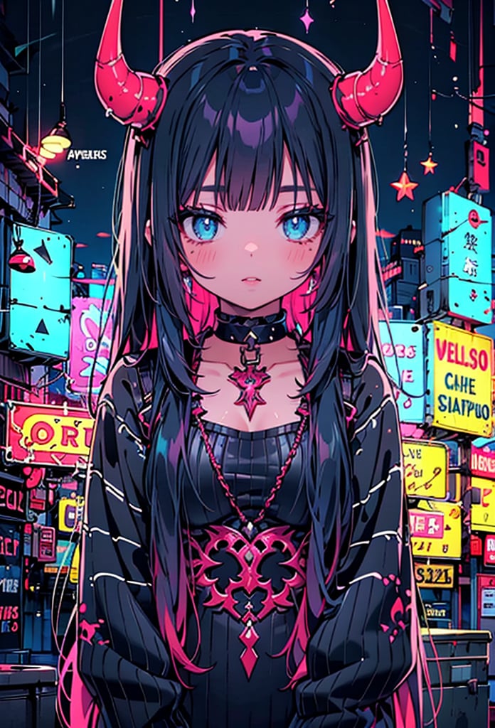 1girl, solo, long hair, breasts, looking at viewer, black hair, jewelry, upper body, blue hair, parted lips, horns, choker, blue eyes, colored skin, demon girl, black background, demon horns, neon light, sweater, 