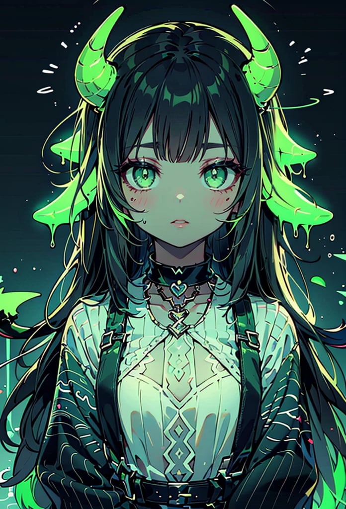 1girl, solo, long hair, looking at viewer, black hair, jewelry, upper body, green hair, parted lips, horns, choker, green eyes, colored skin, demon girl, black background, demon horns, neon light, sweater,  green theme, 