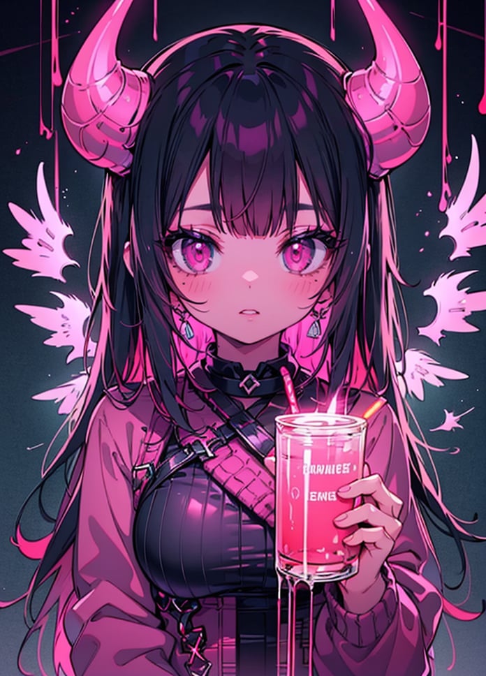 1girl, solo, long hair, breasts, looking at viewer, black hair, jewelry, upper body, pink hair, parted lips, horns, choker, pink eyes, colored skin, demon girl, black background, demon horns ,highres, neon light, sweater, 