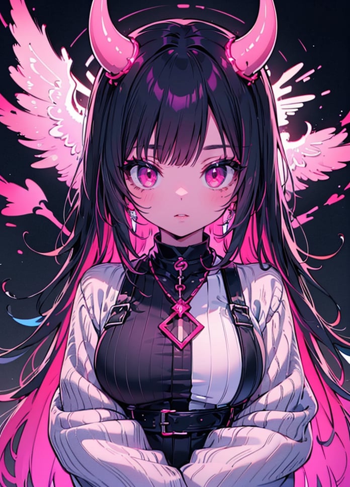 1girl, solo, long hair, breasts, looking at viewer, black hair, jewelry, upper body, pink hair, parted lips, horns, choker, pink eyes, colored skin, demon girl, black background, demon horns ,highres, neon light, sweater, 