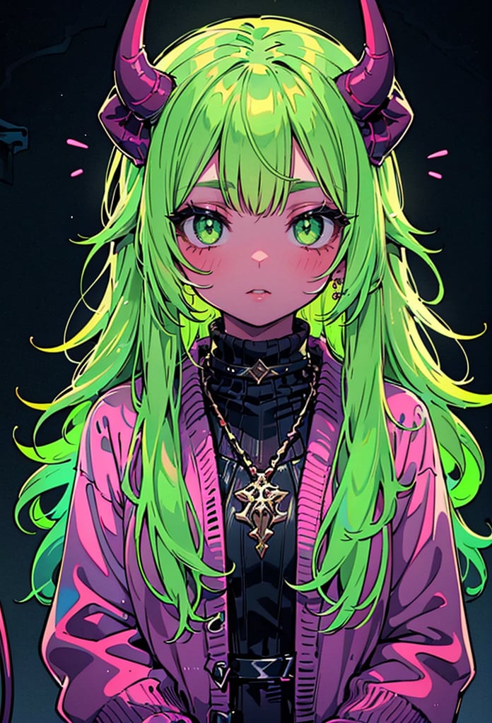 1girl, solo, long hair, looking at viewer, jewelry, upper body, green hair, parted lips, horns, choker, green eyes, colored skin, demon girl, black background, demon horns, neon light, sweater,  