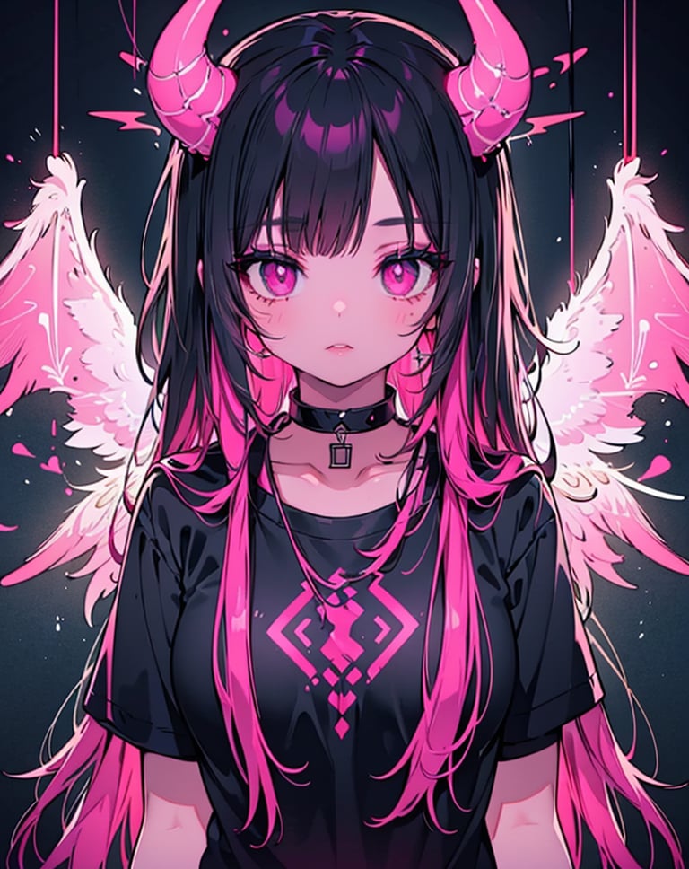 1girl, solo, long hair, breasts, looking at viewer, black hair, jewelry, upper body, pink hair, parted lips, horns, choker, pink eyes, colored skin, demon girl, black background, demon horns ,highres, neon light, t-shirt, sweater, 