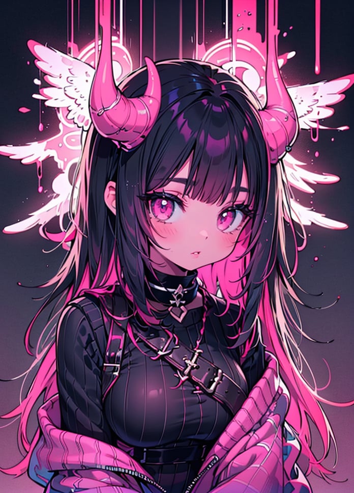 1girl, solo, long hair, breasts, looking at viewer, black hair, jewelry, upper body, pink hair, parted lips, horns, choker, pink eyes, colored skin, demon girl, black background, demon horns, neon light, sweater, 