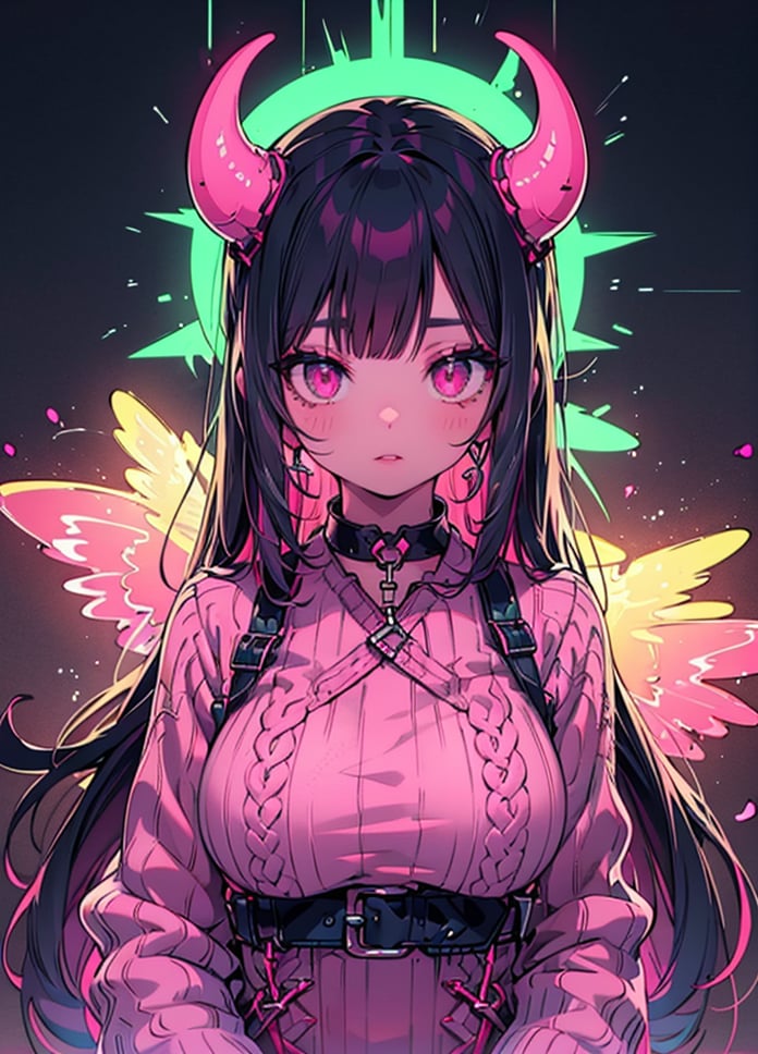 1girl, solo, long hair, breasts, looking at viewer, black hair, jewelry, upper body, pink hair, parted lips, horns, choker, pink eyes, colored skin, demon girl, black background, demon horns ,highres, neon light, sweater, 