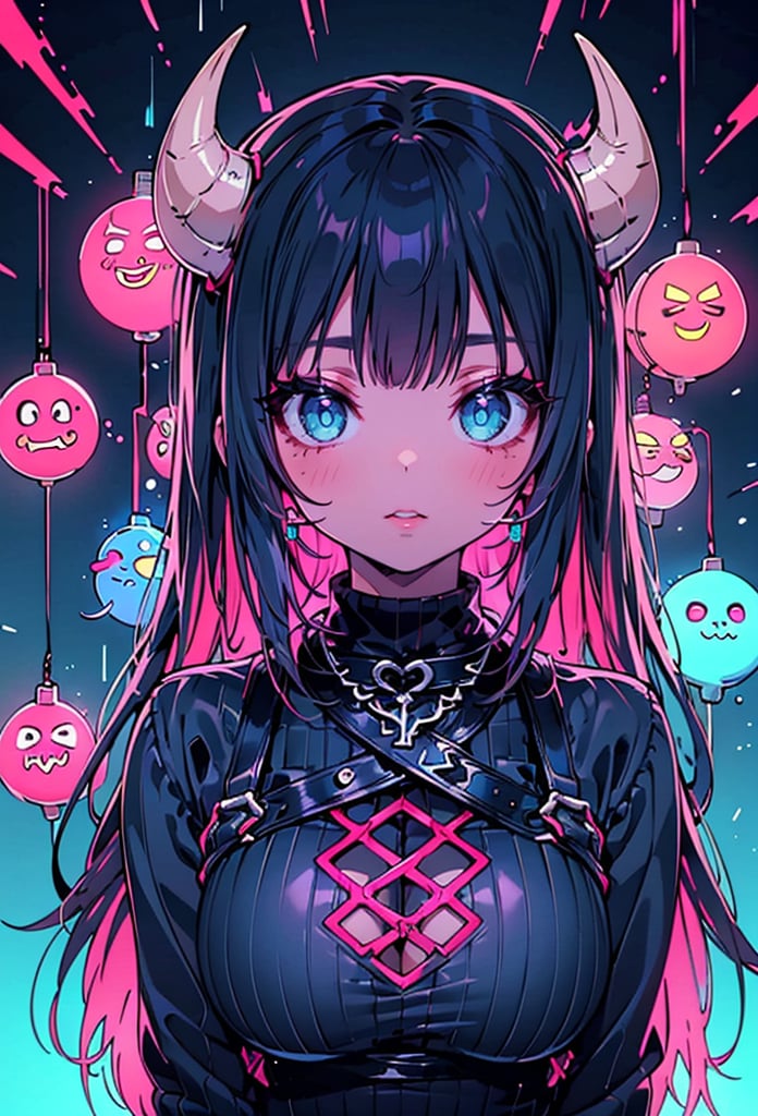 1girl, solo, long hair, breasts, looking at viewer, black hair, jewelry, upper body, blue hair, parted lips, horns, choker, blue eyes, colored skin, demon girl, black background, demon horns, neon light, sweater,  blue theme, 