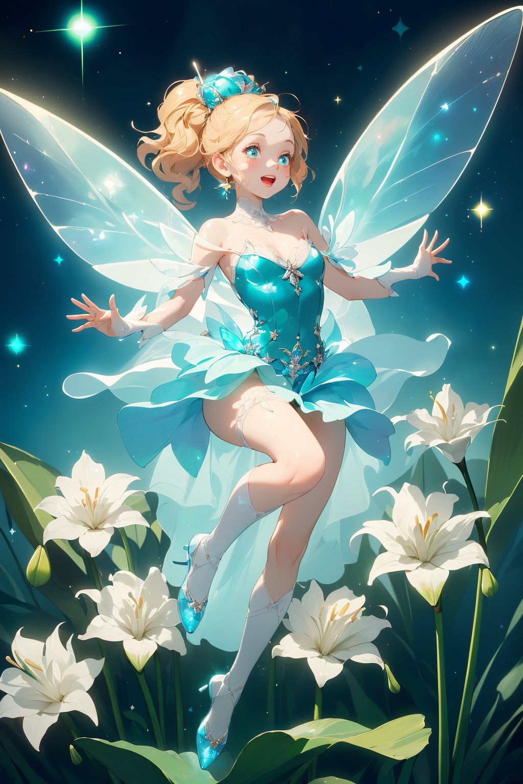 (masterpiece:1.3),  best quality,  ultra-detailed,  (digital illustration:1.3),  (finely best quality delicate illustration:1.3,  1870s:1.3),  //Character
 (1 little Tinker bell:1.4,  holding huge white lily:1.3,  minigirl:1.4),  (cute,  kawaii,  fairy:1.2),  (sitting on a tree branch of top of tree,  happy),  (very short waved hair:1.3),  (translucent glowing wings:1.4),  mini skirt,  thighs,  bare legs,  (sparkle,  iridescent:1.4),  (stylish,  lively,  vigorous,  dynamic,  energetic,  wind:1.3),  (rococo:1.4),  (full body:1.2),  