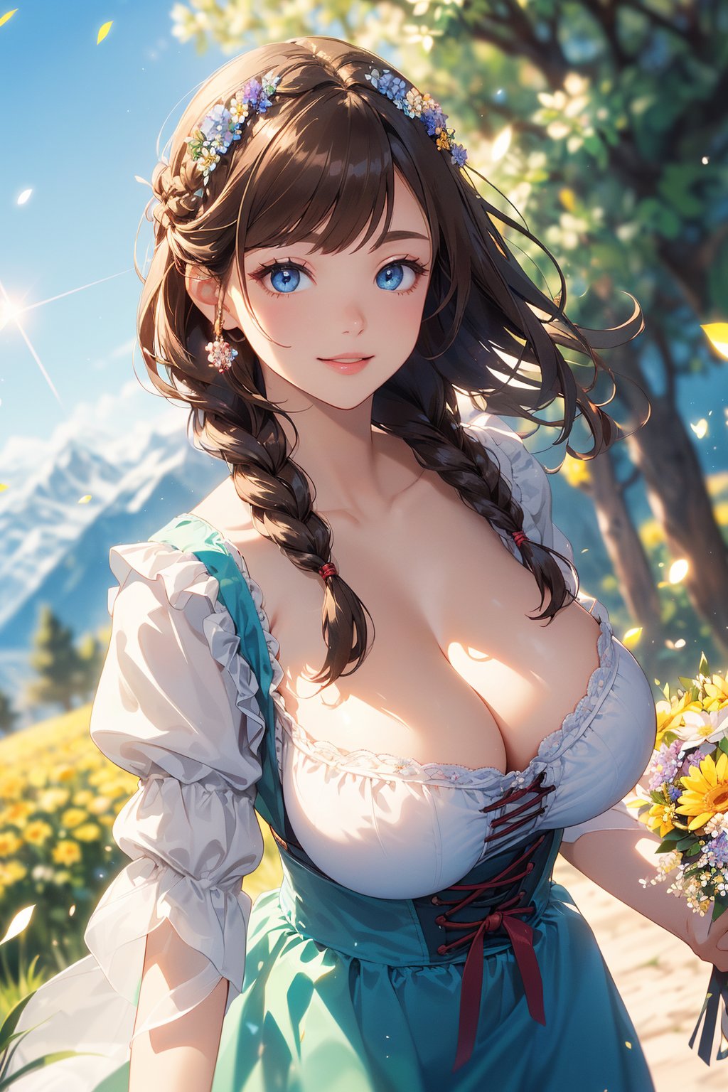 (masterpiece), (dynamic angle1.2), best quality, ultra-detailed, 1 women, (cute, pretty:1.2), (highly detailed beautiful eyes:1.3), clear nose, (smile, happy), (summer, walking on grass), (looking each other:1.4), cowboy shot, (shiny brown long braid hair, swept bangs, french braid:1.2), (dirndl:1.3), (showing flower bouquet:1.4), (huge breasts, cleavage, underbust:1.2),  

BRAKE, (beautiful background, outdoor:1.4), (alps, beautiful sky,  mountains, flower fields, cedar trees summer), bokeh, (wind), bloom, depth of field, (lens flare), reflection, lens flare, (flower particles:1.4), (soft focus), 