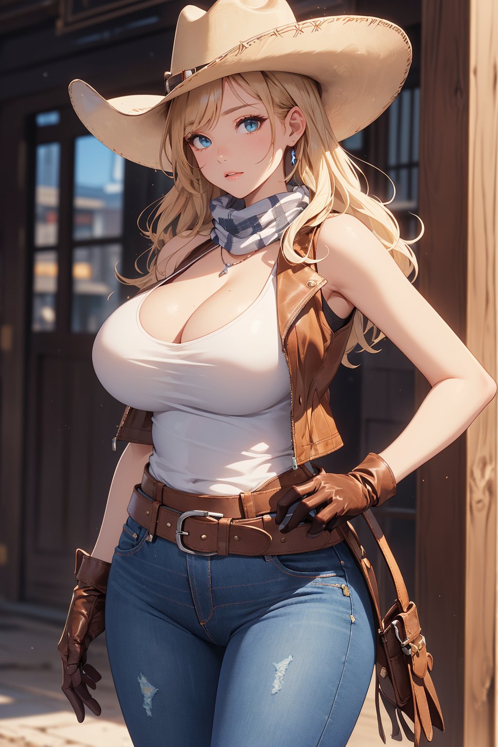 (masterpiece,  best quality:1.3),  ultra-detailed,  (super resolution),  (digital illustration:1.3),  1 woman,  (cow-girl,  pretty:1.2),  (highly detailed beautiful eyes:1.3),  (shiny blonde long wavy hair,  swept bang:1.3),  (beige and brown clothes:1.3),  (leather western hat:1.4),  (wear a (open beige leather vest) over a white tank top:1.3),  (sleeveless,  bare shoulders:1.2),  (hands on wide hips:1.3),  (cowboy shot:1.3),  (huge breasts,  cleavage:1.2),  BREAK,  (American Frontier,  wild west,  rugged:1.4),  (white inner),  (checkered-pattern cowboy-scarf:1.2),  (lowleg jeans:1.4),  (western-boots with spur:1.1),  (holster on belt:1.3),  (brown leather gloves:1.2), 
