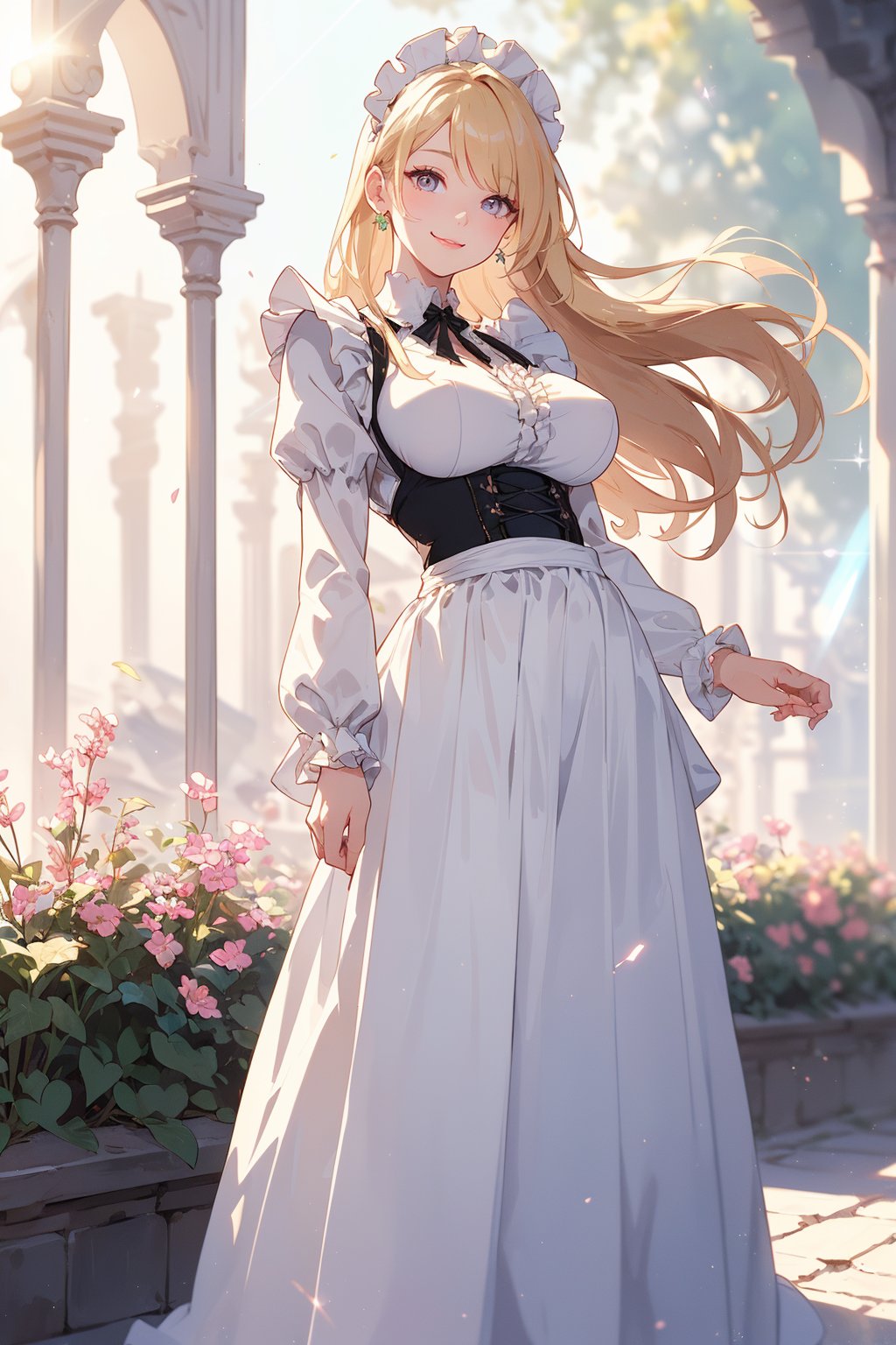 (masterpiece),  best quality,  ultra-detailed,  (digital illustration:1.3),  1 woman,  (cute:1.3),  shiny (blonde) long hair,  swept bangs, (highly detailed beautiful European eyes:1.3),  
(huge breasts,  underbust),  full body,  seductive smile, 
BREAK
(white theme:1.6),  Collar,  Ruffled,  Catsuits,  Cuffs, (Frilled Blouse Romantic:1.4), , (white maid outfit:1.5), (Gold thread embroidery at hem:0.6), (Medieval Gothic style:1.2), (long Skirt:1.4), Long Sleeve, 
(simple pastel color background,  garden:1.4),  best lighting,  bokeh,  (lens flare,  light particles:1.3),  (bloom,  soft focus:1.4),
