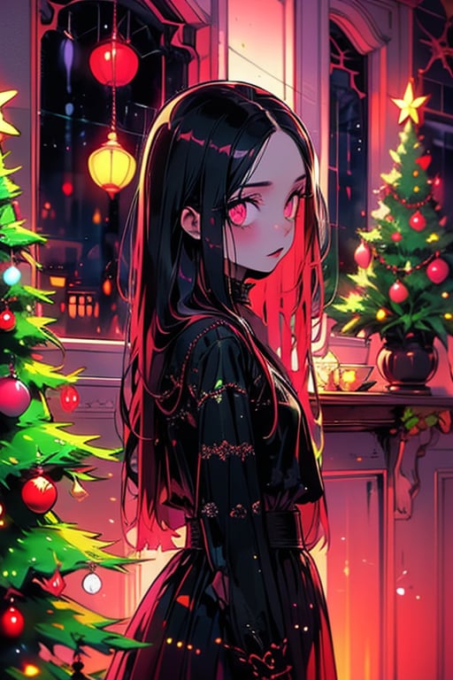 1girl, solo, long hair, looking at viewer, black hair, long sleeves, dress, closed mouth, indoors, pink eyes, black dress, from side, window, glowing, christmas, christmas tree, gothic, christmas ornaments, black lips