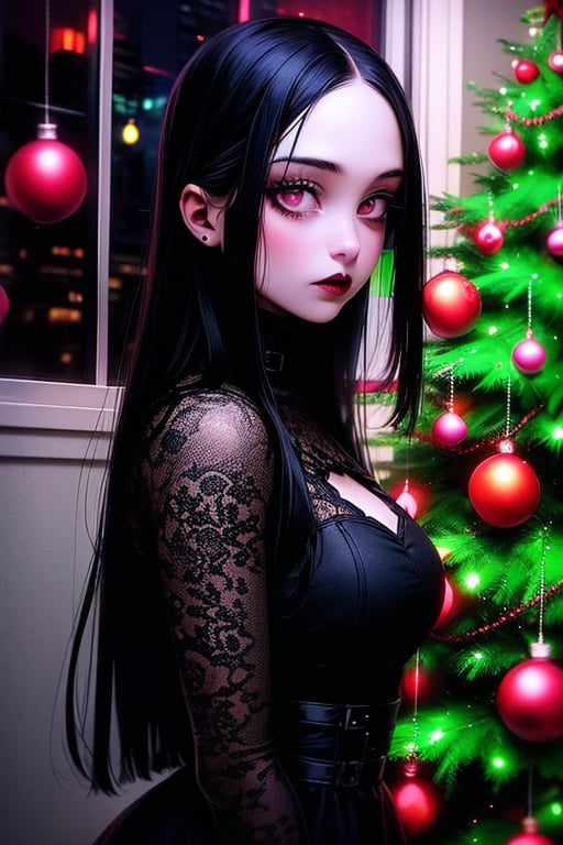 1girl, solo, long hair, looking at viewer, black hair, long sleeves, dress, closed mouth, indoors, pink eyes, black dress, from side, window, glowing, christmas, christmas tree, gothic, christmas ornaments, black lips,