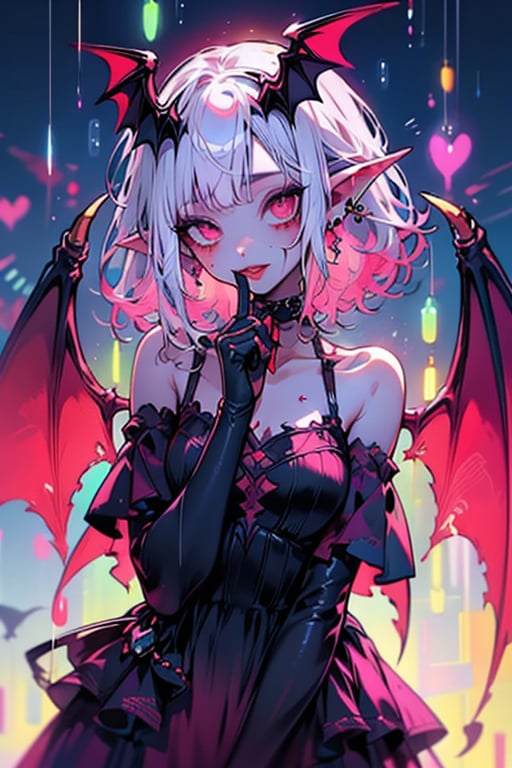 1girl, solo, looking at viewer, short hair, long sleeves, dress, bare shoulders, jewelry, pink hair, white hair, earrings, parted lips, wings, choker, pointy ears, hand up, medium hair, pink eyes, off shoulder, black dress, blood, colored skin, bat wings, head wings, finger to mouth, rain, vampire, dripping, blood bag