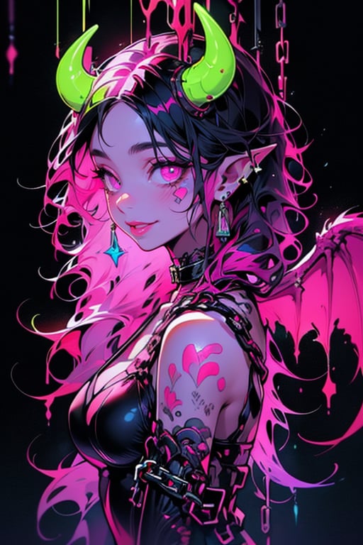 1girl, solo, long hair, breasts, looking at viewer, smile, black hair, jewelry, upper body, pink hair, earrings, parted lips, horns, choker, pointy ears, pink eyes, from side, looking to the side, tattoo, colored skin, chain, demon girl, black background, demon horns, bandaid, pink skin,